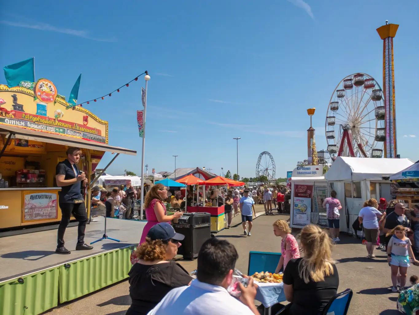 A vibrant scene from the Annual Summer Festival, featuring people of all ages enjoying live music and local food.