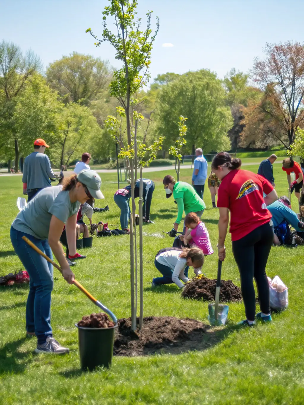 A photograph of volunteers planting trees during a community greening initiative organized by COMITE DES FETES ET LOISIRS, highlighting environmental stewardship and community collaboration.