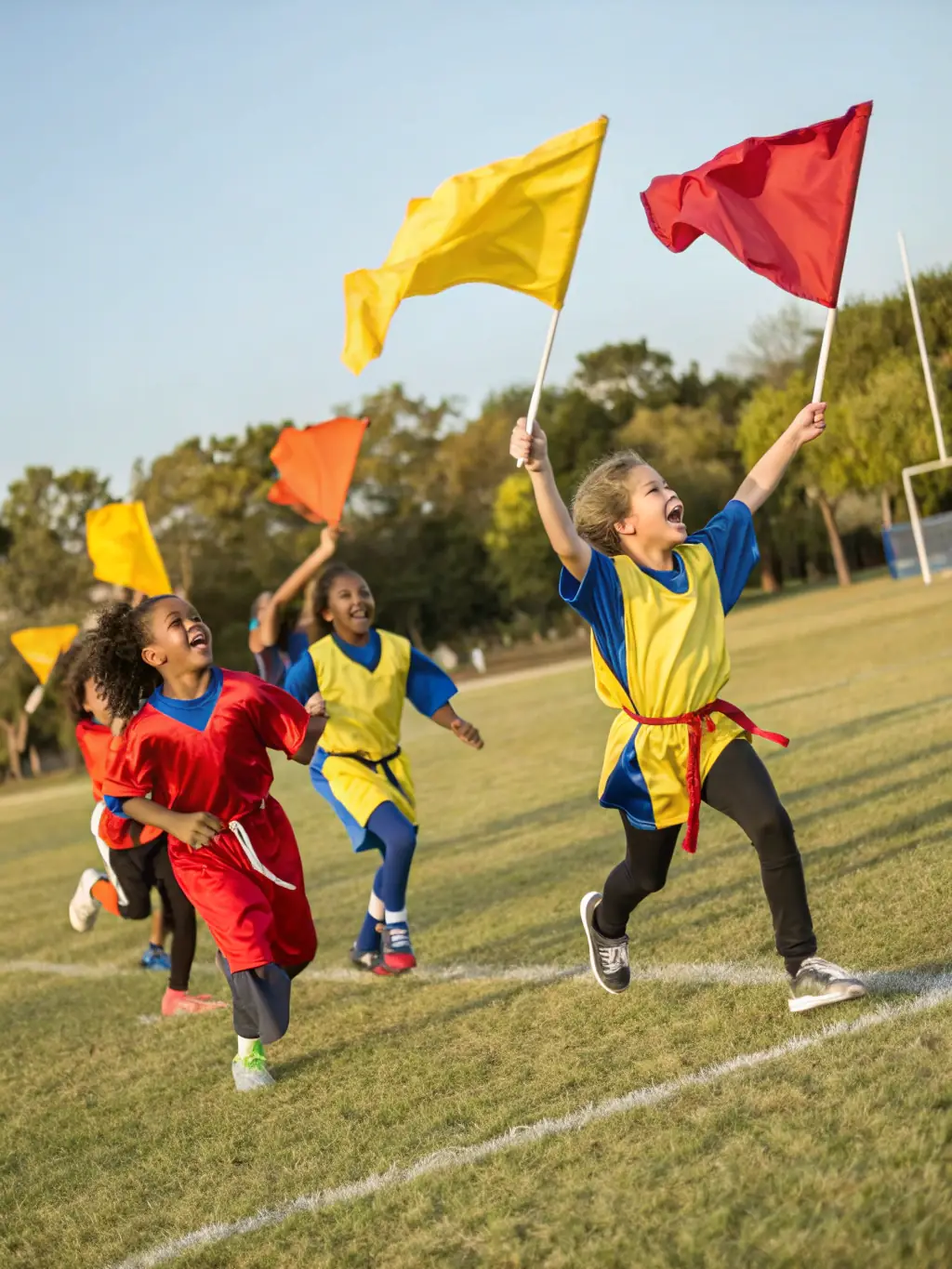 A vibrant photograph capturing children participating in a summer sports camp organized by COMITE DES FETES ET LOISIRS, showcasing teamwork and active engagement.