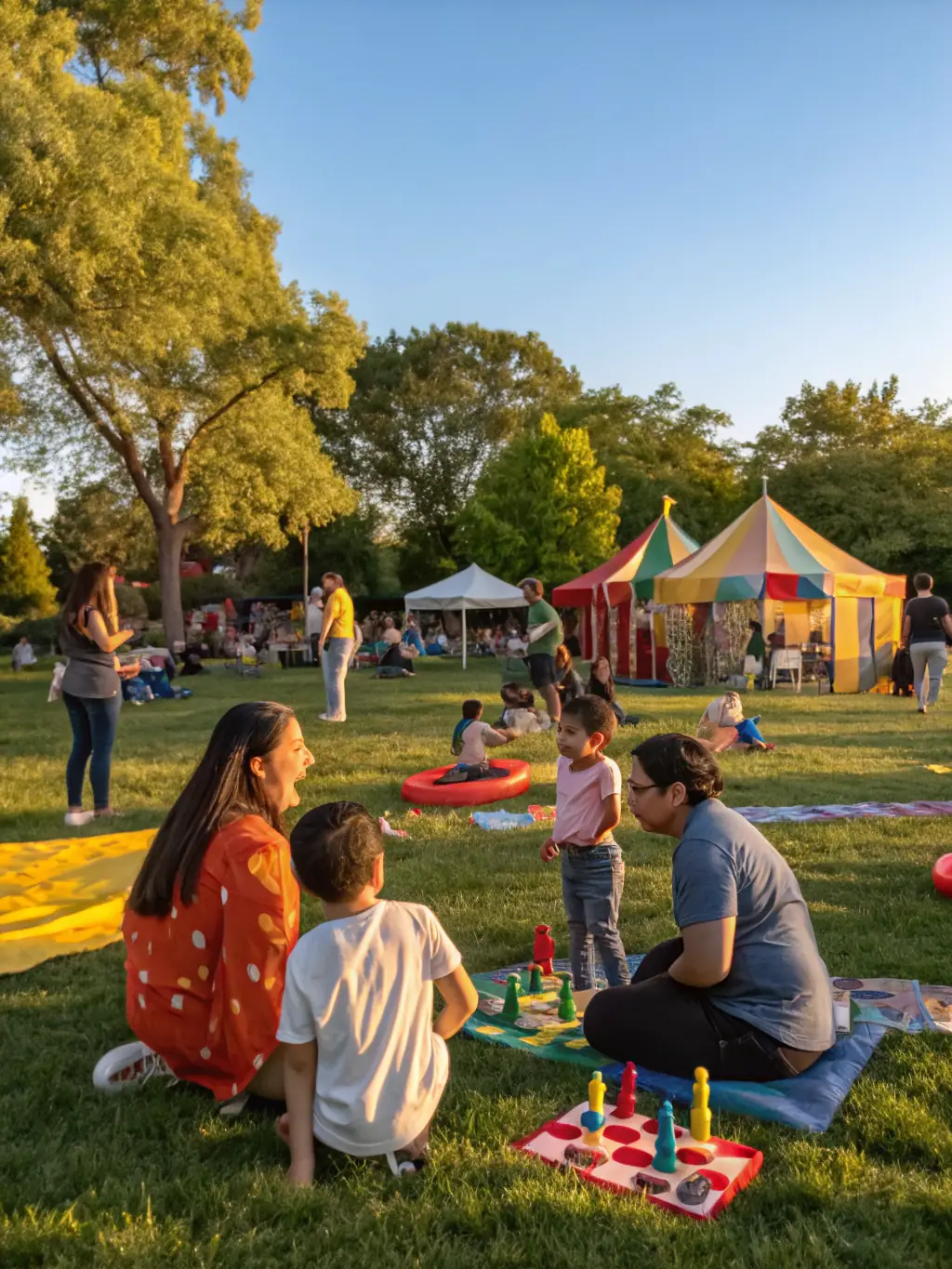 A photograph of a local park transformed for a community festival organized by COMITE DES FETES ET LOISIRS, featuring families enjoying games, food, and live music.